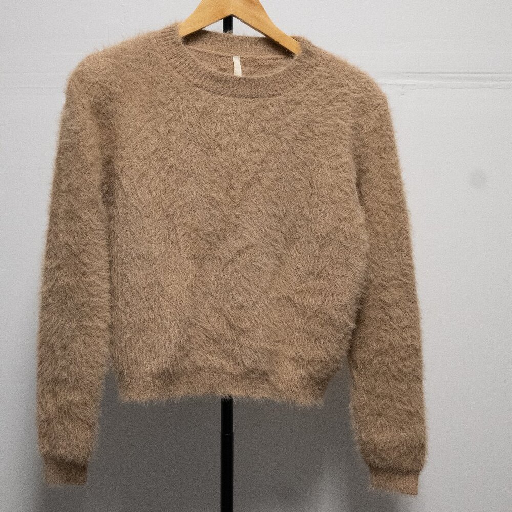 Sage Fuzzy Knit Crewneck Sweater Camel